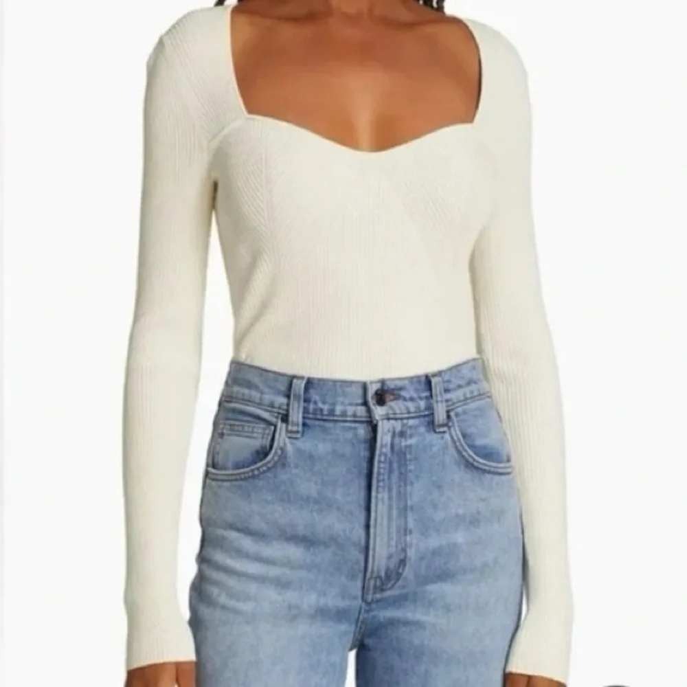 Veronica Beard Gladys Sweetheart Neck Ribbed Knit Top Womens S Ivory Long Sleeve